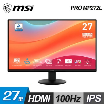 【MSI 微星】PRO MP272L 27型 IPS 100Hz 輕薄護眼螢幕【三井3C】