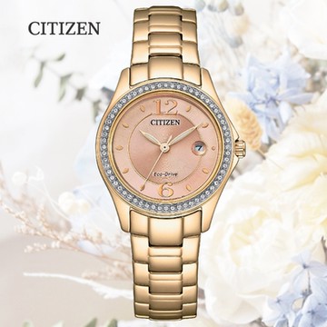 CITIZEN 星辰 LADYS 光動能 60顆水晶鑽 淑女腕錶-29.5mm 香檳金 FE1253-80X