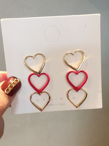 過年紅色耳環韓國氣質東大門網紅長款愛心耳墜新款潮輕奢耳釘1入