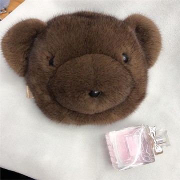 進口水貂毛絨包包卡通熊頭斜挎包真毛皮草可愛少女心港風休閑女包