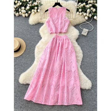 法式復古鏤空鉤花設計套裝女夏無袖背心上衣+高腰松緊大擺半身裙