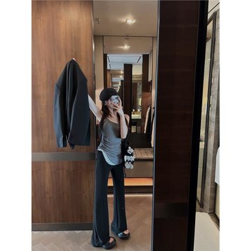 IN MIMIFACE 垂感顯瘦黑色低腰喇叭褲夏季直筒休閑薄款拖地長褲女