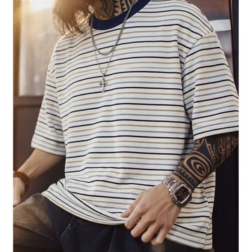 Wuluwear 【重條撞構】重磅條紋拼接撞色短袖T恤男士夏季寬鬆休閒圓領體恤
