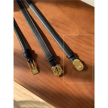 Miroment復古窄版金貝殼黑色皮帶