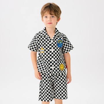 韓國 OZKIZ - 圖章點綴格紋短袖套裝-黑