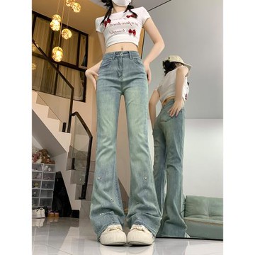 美式高街星星燙鉆閃亮微喇牛仔褲女夏季小個子顯瘦直筒喇叭馬蹄褲