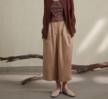 【天絲亞麻】新中式復古 松緊腰褶皺/顯瘦闊腿褲
