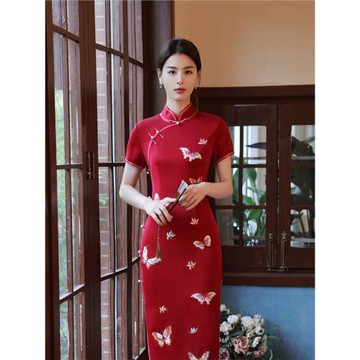 簡麗2025新款復古修身醋酸蝴蝶繡花高端長款旗袍紅色女連衣裙禮服