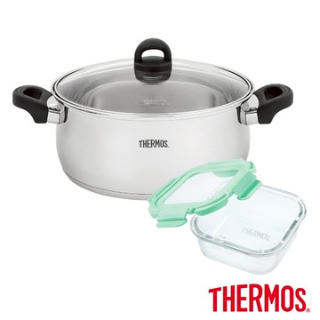 【THERMOS膳魔師】含蓋雙耳湯鍋火鍋28cm(KOP-W28N)+保鮮盒520ml(Z-GFC520S-MNT)