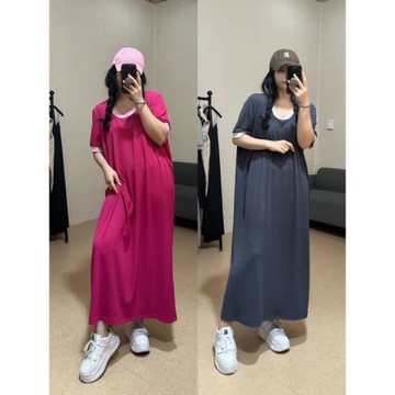 減齡玫粉撞色寬松超長短袖T恤