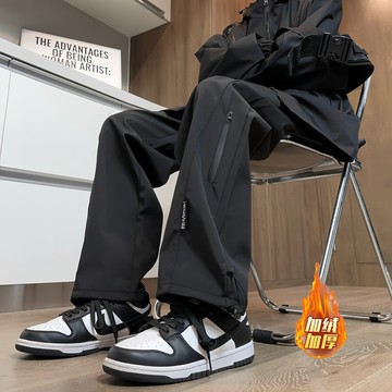 【臺北出貨】沖鋒褲男士春秋2024新款加絨防水速干寬松直筒運動工裝休閑長褲子