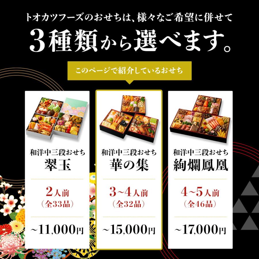 おせち 2024 おせち料理2024和洋中おせち 華の集 (はなのつどい) 3段重 32品入 3人前 4人前 冷凍 盛付済 高級おせち トオカツフーズ