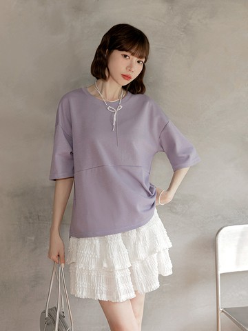 車線剪裁前短後長開衩短袖上衣
