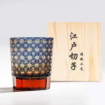 日式江戶切子 琥珀綾光手工切割威士忌杯 藍色 刻字 父親節禮物
