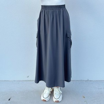 Hana-Mokuba花木馬日系女裝鬆緊腰多口袋簡約長裙_鐵灰