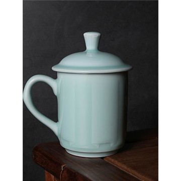 越窯青瓷 帷幔單杯 帶蓋大號水杯辦公茶泡茶青瓷杯 招商會議禮品