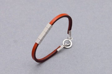 皮革串珠手鍊立方體銀橙色棕色皮革手鍊