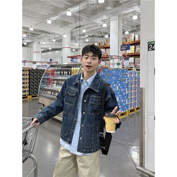 暗物質藍色翻領紐扣牛仔外套男生春季新款寬松復古工裝風夾克男