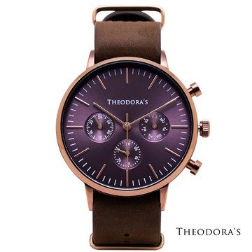 【Theodora's】Apollo 中性三眼瘋馬皮腕錶 三眼咖啡紅-瘋馬皮深棕