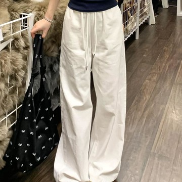 【WYZ】白色棉麻寬褲女夏季薄款高腰寬鬆垂感小個子速幹直筒運動休閒褲