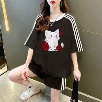 臺階貨物 2025新款夏季大碼女生休閑套裝微胖短袖顯瘦上衣 女生套裝 貨物套裝 兩件套裝 韓版套裝 JC086