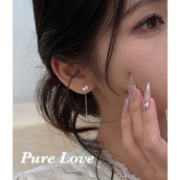Pure Love樂芙 /正韓 銀飾【S925純銀】E0989簡約通體純銀蝴蝶結流蘇耳線 耳環 / 銀