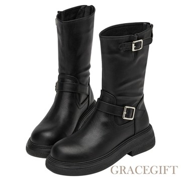 【Grace Gift】歐美時尚雙層金屬釦環厚底機車中筒靴 黑