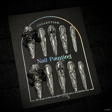➕最新設計款穿戴甲💅純手工穿戴甲高級感金屬銀色魔鏡粉美甲片歐美朋克重工假指甲貼片細狗長尖穿戴甲 AIXV
