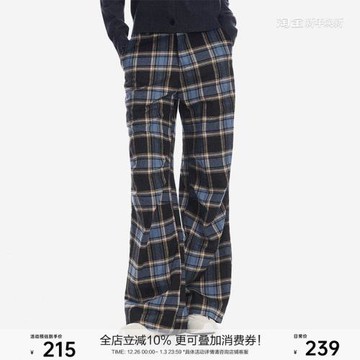 SEGI 原創設計秋季新款設計感格紋打褶褲休閑褲女寬松直筒褲子