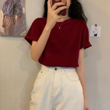 夏季2024新款半袖短袖T恤女裝純棉高級感酒紅色寬松體恤上衣洋氣