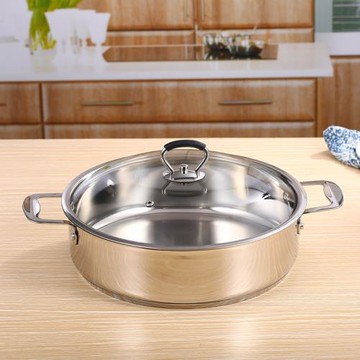 不銹鋼淺底燜鍋鍋湯鍋平底火鍋海鮮鍋三汁無水專用家用電磁爐玻璃