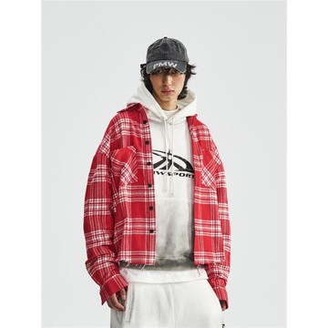 PMW 符龍飛同款美式手工破壞復古格紋襯衫磨毛工藝襯衫外套情侶款