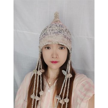 原創秋冬新款手工鉤花炫彩民族風情潮款流蘇帽時尚針織女巫帽子