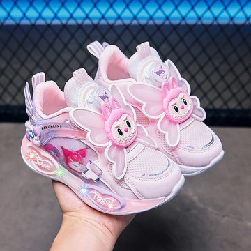 拉布布女童運動鞋發光庫洛米美樂蒂亮燈旋轉紐扣翅膀春夏網面透氣鑫弘-萌寶童裝可開發票