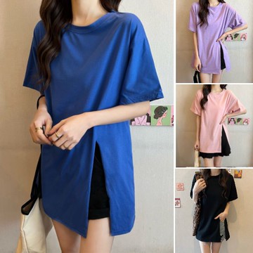 特殺價M-XL實拍學院風小眾設計感別緻開叉短袖上衣 素面寬鬆T恤女(5色)中大尺碼女裝-凱西娃娃