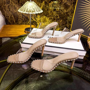 透明水鉆一字拖鞋女2025夏季新款網紅半拖外穿涼拖女百搭高跟涼鞋