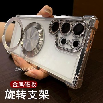 旋轉金屬支架電鍍高級感s24ultra氣囊防摔三星S23FE手機殼適用S22+保護套全包鏡頭A15高端plus磁吸充電十加厚