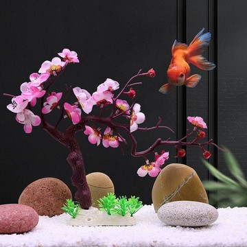魚缸仿真造景裝飾品粉葉樹仿真花草粉色梅花樹假樹水族箱沉底擺件