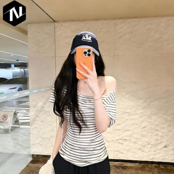 【Nico】🏵️闆娘優選 高品質棉質短袖T恤女【原版雪花棉色織條】撞色條紋斜肩短袖T恤女夏季設計感上衣