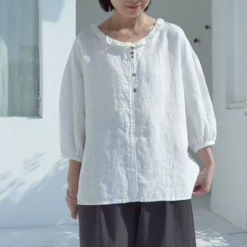 舒適亞麻泡泡袖上衣516497