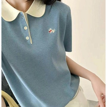 冰絲針織POLO衫女 上衣 POLO衫 短袖上衣 韓系polo小狗刺繡翻領冰絲針織短袖T恤女新款夏季娃娃衫上衣女裝