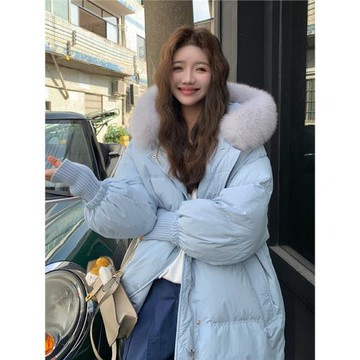 MJAE大毛領羽絨服女冬季2025新款寬松顯瘦中長款90白鴨絨收腰外套