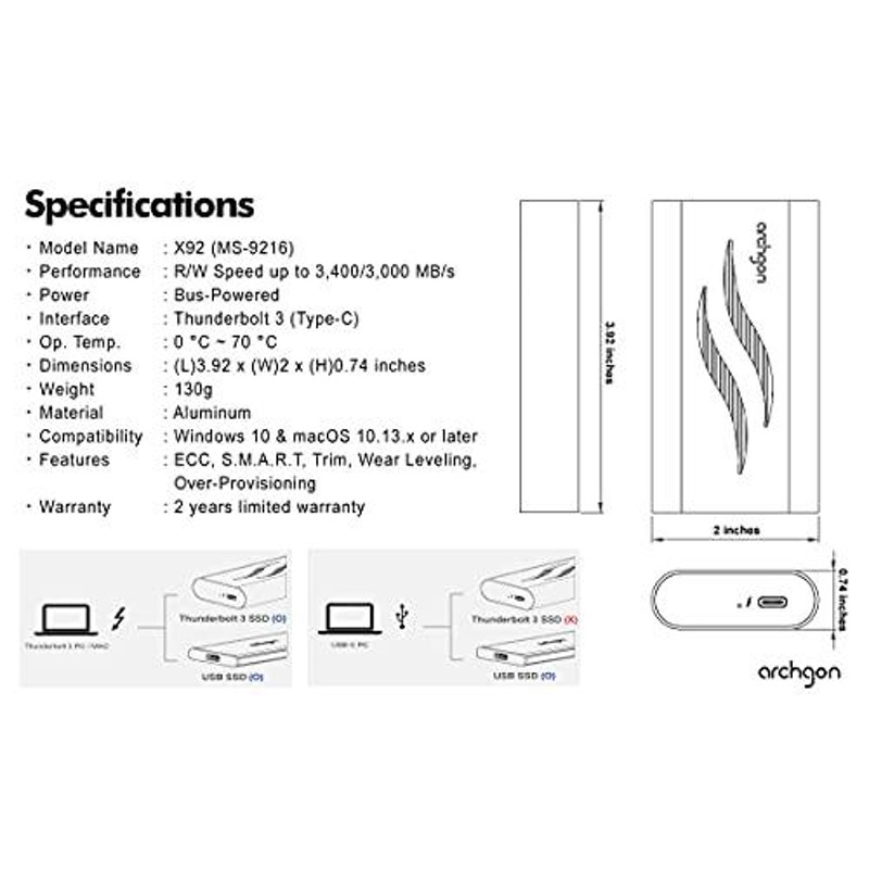 Archgon Thunderbolt 3 1TB 外付け M.2 NVMe PCIe Gen3×4 SSD