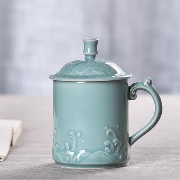 龍泉星藝青瓷中式家用青瓷水杯大號陶瓷會議辦公招待杯帶蓋隨手禮