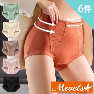 Mevels瑪薇絲-6件組 清秀蕾絲棉質中高腰內褲/透氣底襠/內褲(6色 M/L/XL)