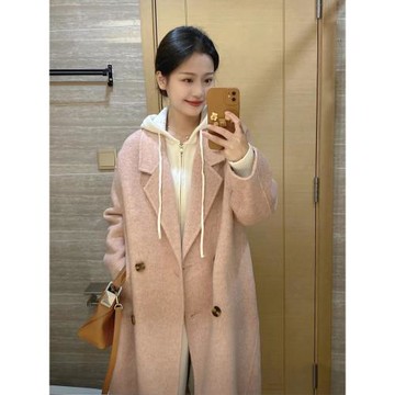 秋冬裝高級感赫本風粉色小個子呢子大衣寬松顯瘦毛呢外套女中長款