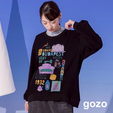 【gozo】趣味水彩風印花大學T(黑色/米白_F) | 女裝 圓領 休閒