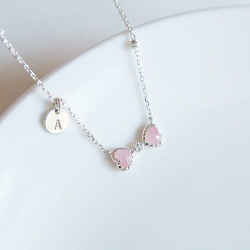 925純銀 雙心 粉水晶 小鑽 蝴蝶結 客製化刻字 項鍊 免費包裝