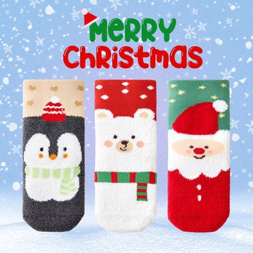 love, charlotte - 聖誕老人北極熊企鵝雙面厚珊瑚絨短筒襪-3 雙一組