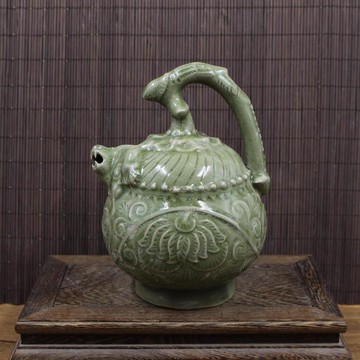 宋 耀州窯青釉提梁倒注壺倒流壺仿古瓷古玩古董老貨舊貨擺件收藏